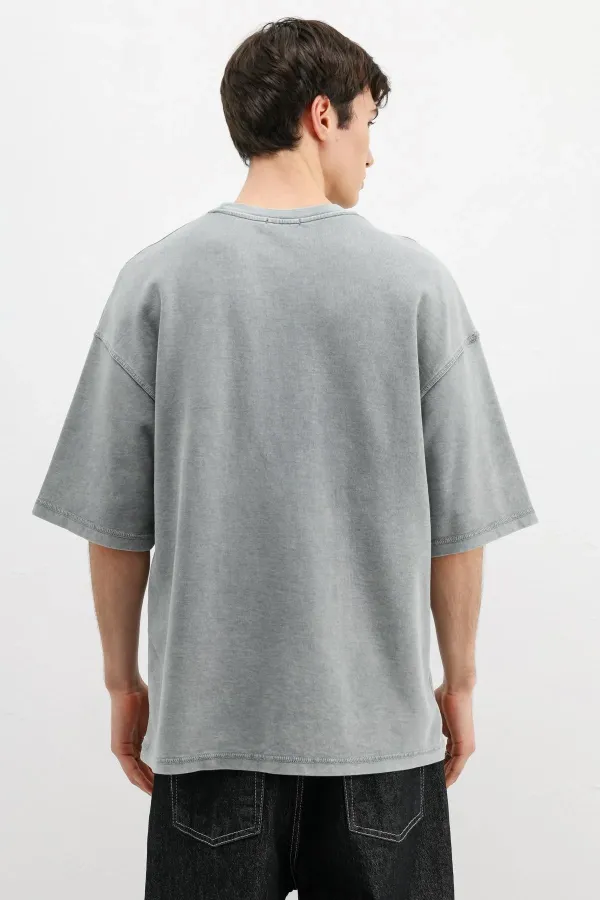 Yıkamalı Yazı Baskılı Oversize Tişört Gri