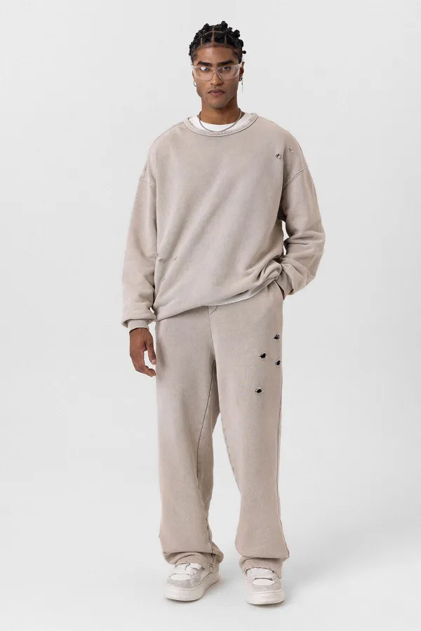 Premıum Yıkamalı Yırtık Detaylı Oversize Eşofman Takım Taş