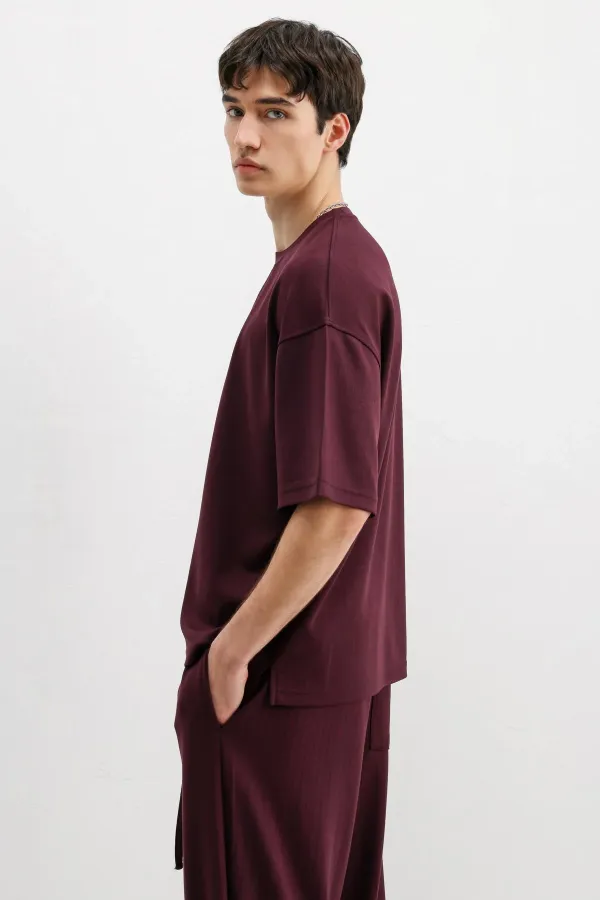 Fitilli Dokulu Oversize Tişört Mürdüm