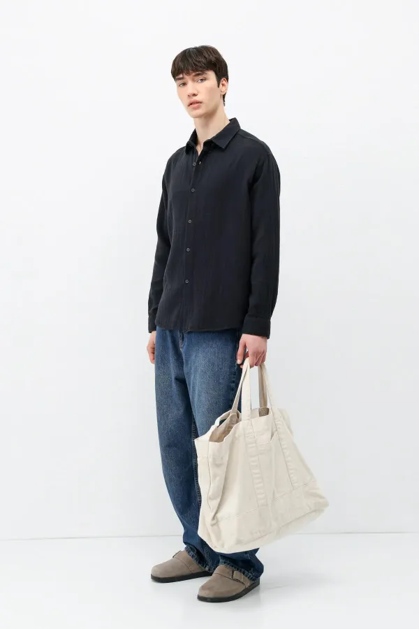 Dokulu Pamuklu Oversize Gömlek Siyah