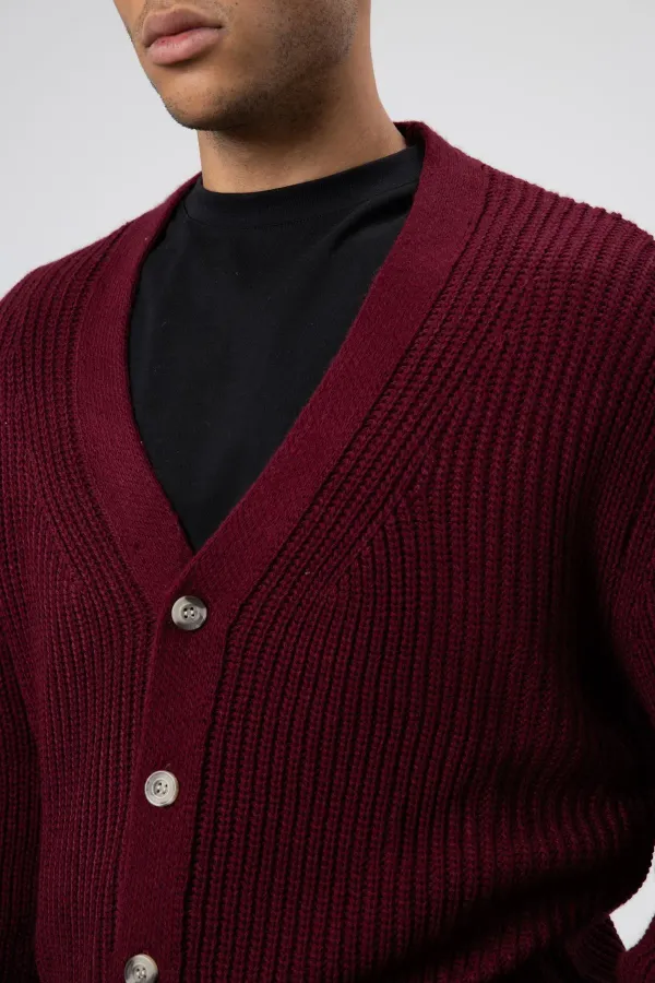 V Yaka Düğmeli Örgü Hırka Kazak Bordo