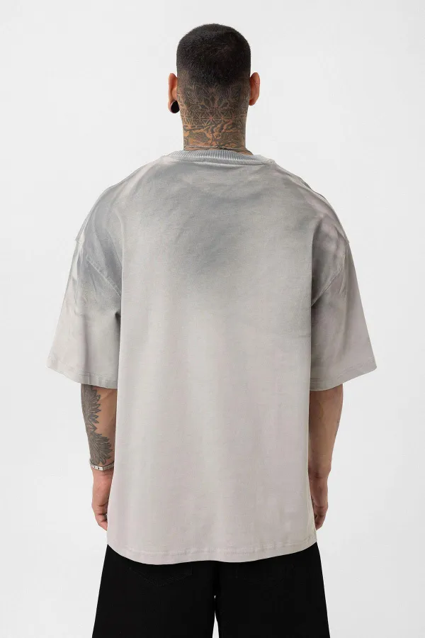 Yıkamalı Yazı Detaylı Oversize Tişört Gri