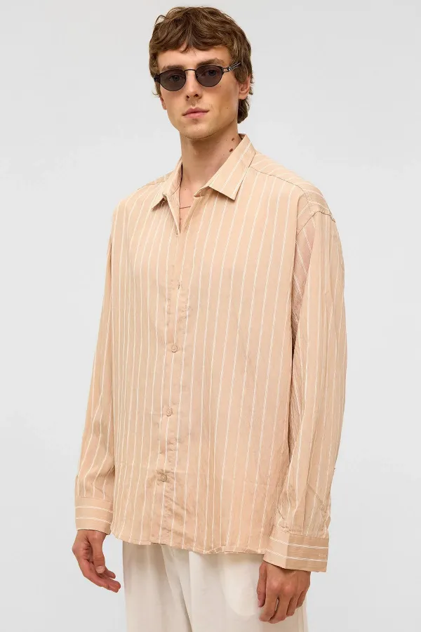 Oversize Çizgili Uzun Kol Gömlek Bej