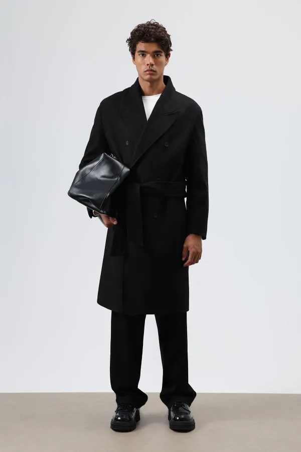 Oversize Kruvaze Kaşe Kaban Siyah