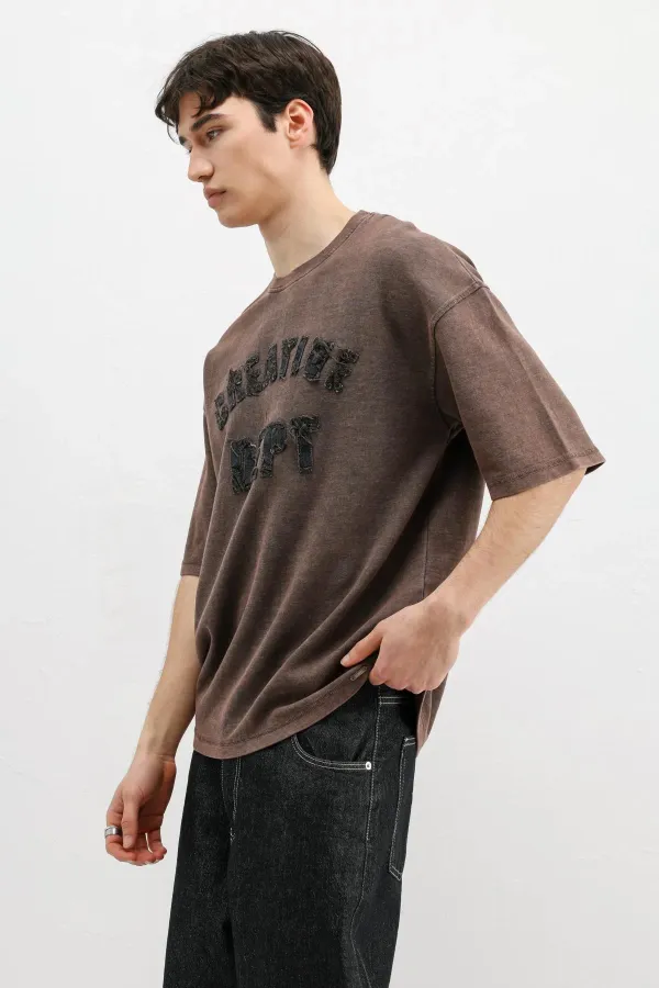 Yıkamalı Yazı Baskılı Oversize Tişört Kahve