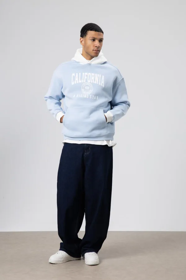 Çift Renk Baskılı Oversize Sweatshirt Bebe Mavi