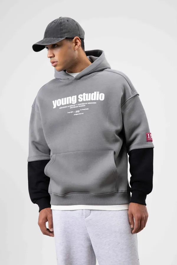 Oversize Baskılı Kapüşonlu Sweatshirt Füme