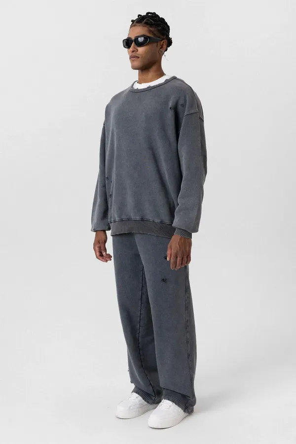 Premıum Yıkamalı Yırtık Detaylı Oversize Eşofman Takım Siyah