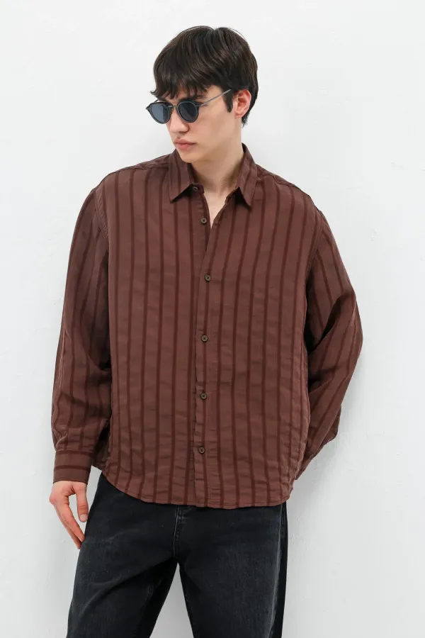 Çizgili Oversize Gömlek Kahve