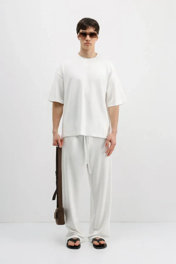 Fitilli Dokulu Oversize Tişört Ekru