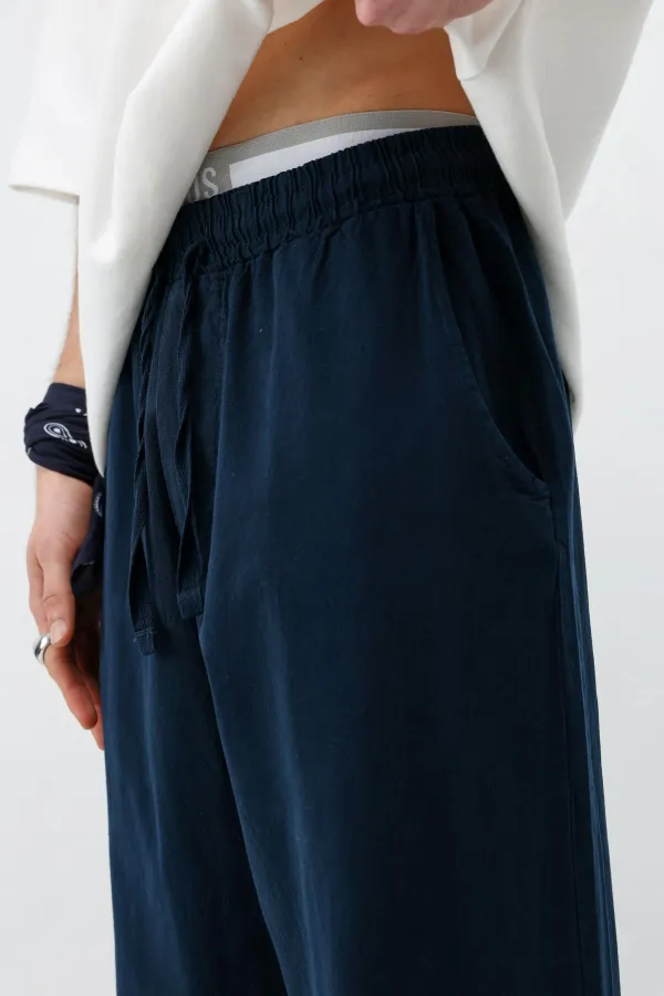 Bel Lastikli Baggy Fit Keten Pantolon Lacivert