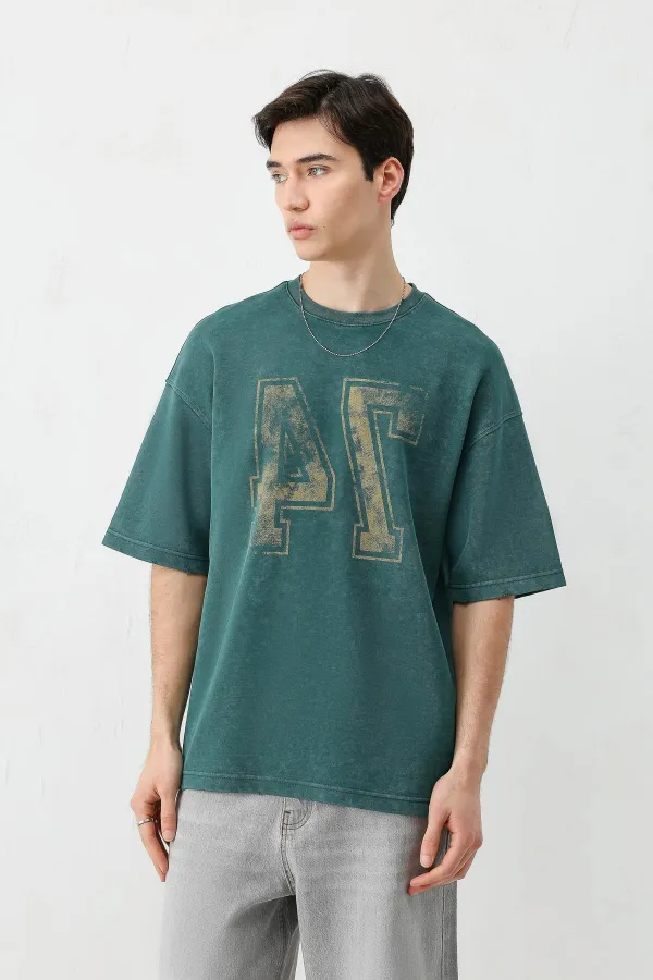 Yıkamalı Baskılı Oversize Tişört Nefti