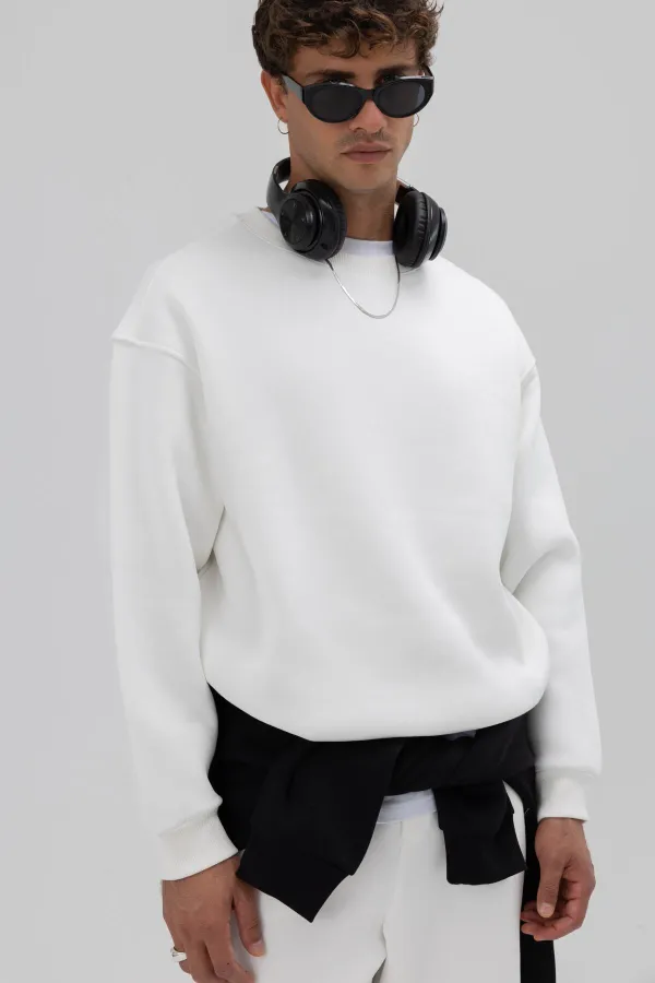 Sweat-shirt oversize basique à col rond, écru