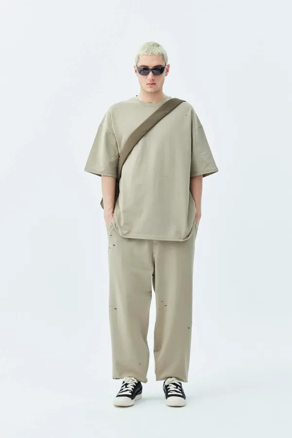 Delik Detaylı Oversize Eşofman Takım Vizon