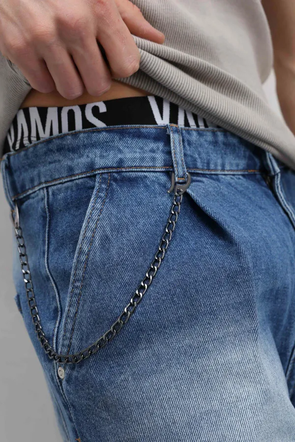 Pleated Baggy Jeans with Chain Detail, Blue