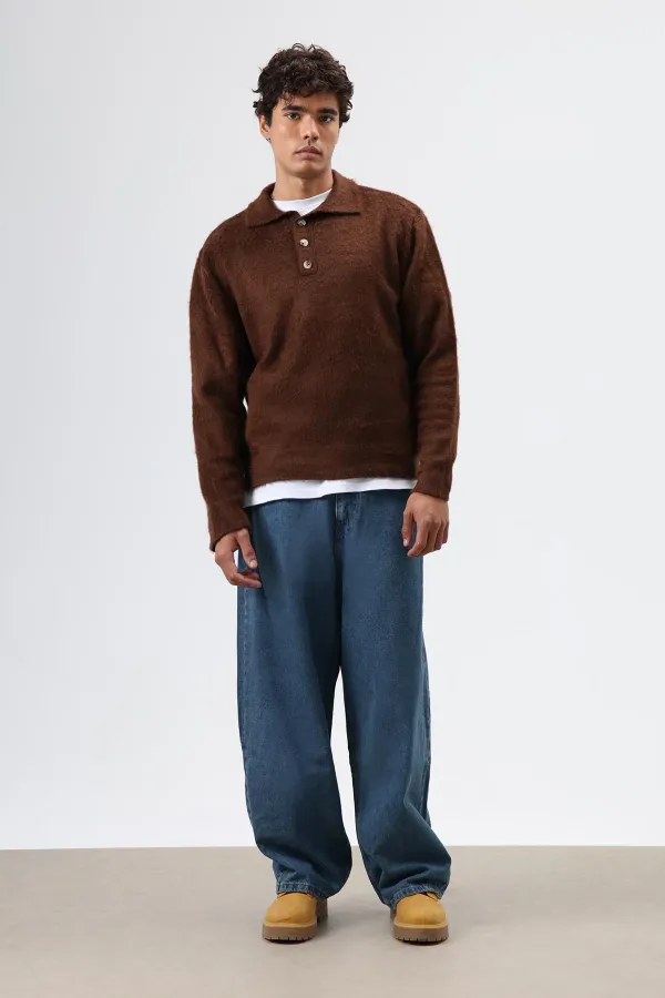 Pull en maille douce texturée à col polo, marron