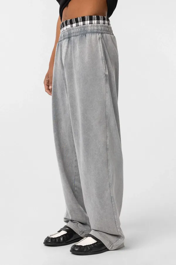 Yıkamalı Bel Detaylı Baggy Eşofman Alt Gri