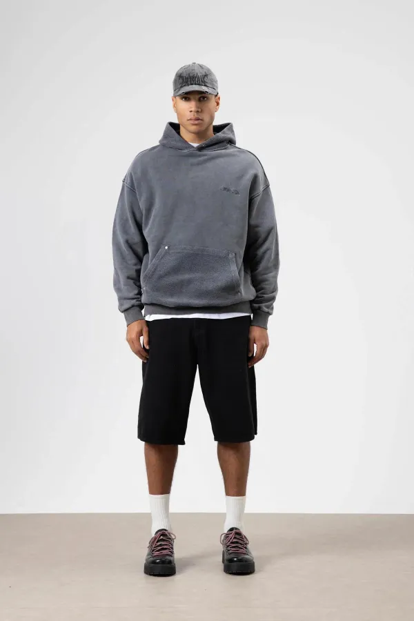 Oversize Washed Print Hooded Sweatshirt Black