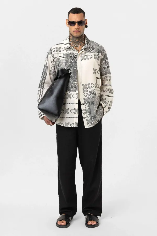 Chemise oversize à motifs ethniques, noire