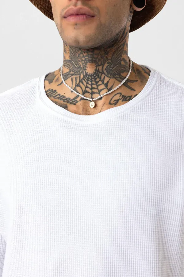 Arka Yazı Baskılı Oversize Triko Tişört Beyaz