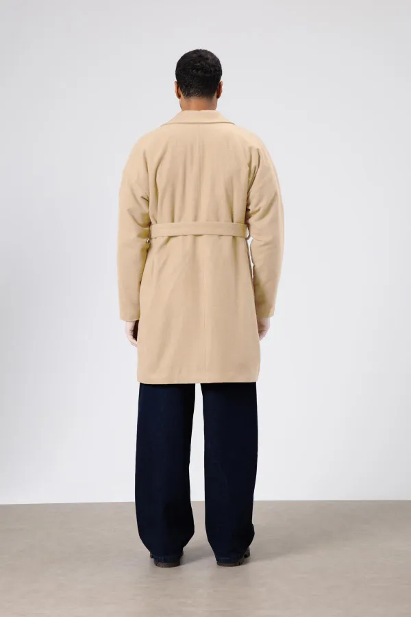 Kemerli Oversize Kaşe Kaban Bej