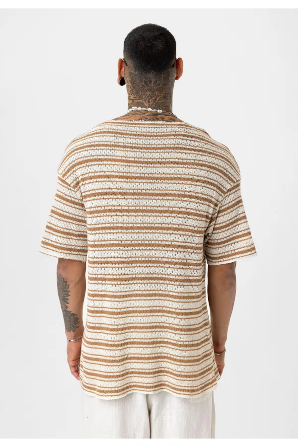 Çizgili Oversize Triko Tişört Camel