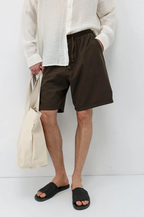 Oversize Keten Şort Kahve