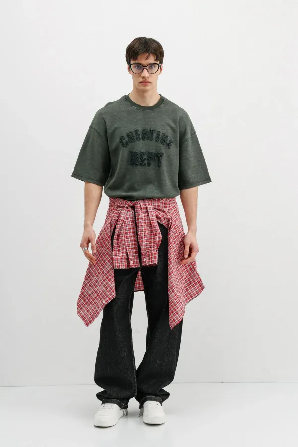 Yıkamalı Yazı Baskılı Oversize Tişört Nefti