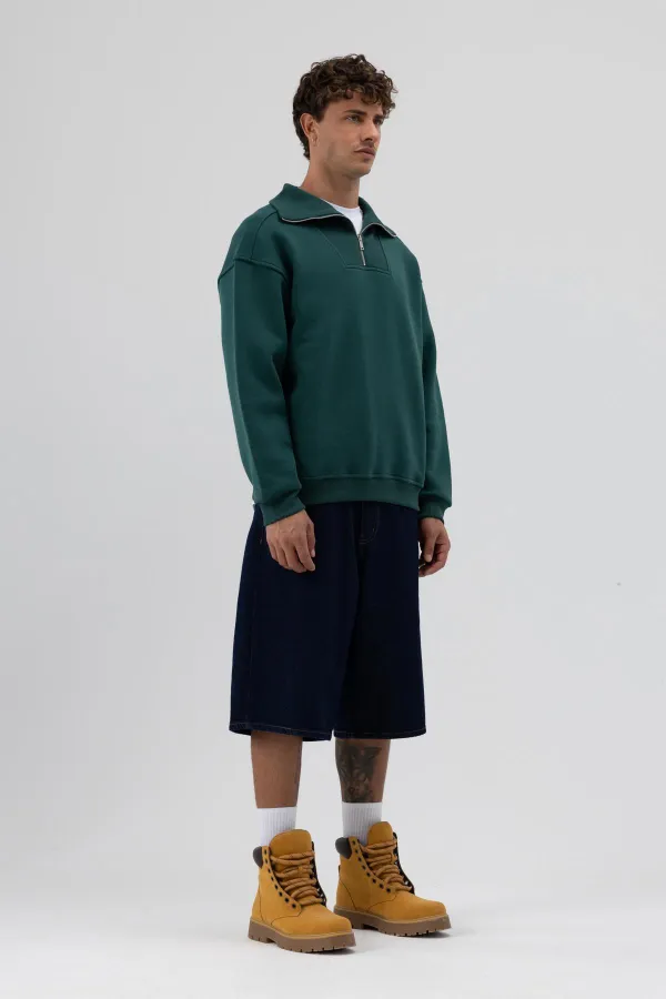 Sweat-shirt basique à fermeture éclair et col montant, bleu marine