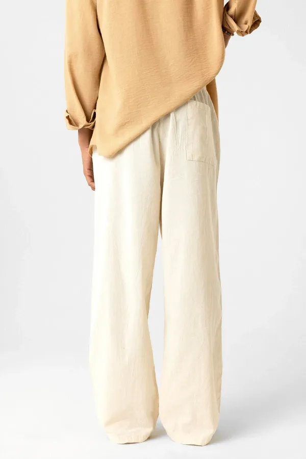 Bel Lastikli Baggy Fit Keten Pantolon Bej Bel Lastikli Baggy Fit Keten Pantolon Bej