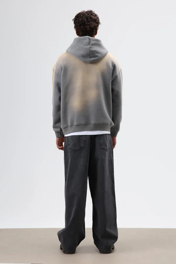 Sweat à capuche oversize imprimé délavé, gris fumé