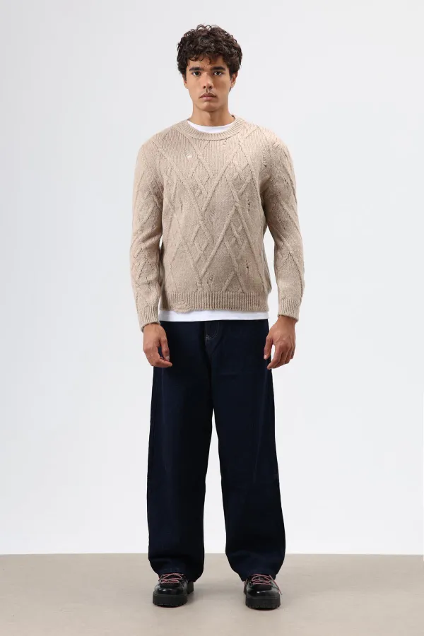 Oversize Patterned Knit Sweater, Beige