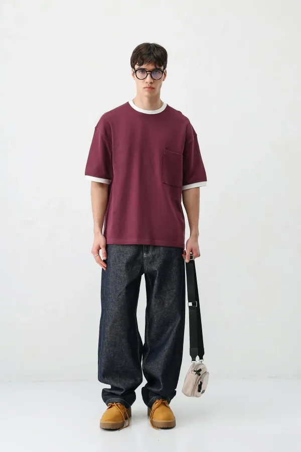 Kısa Kollu Oversize Cepli Tişört VİŞNE