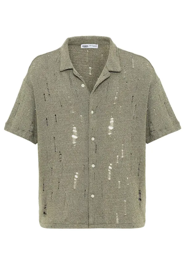 Oversize Deliklı Triko Gömlek Haki