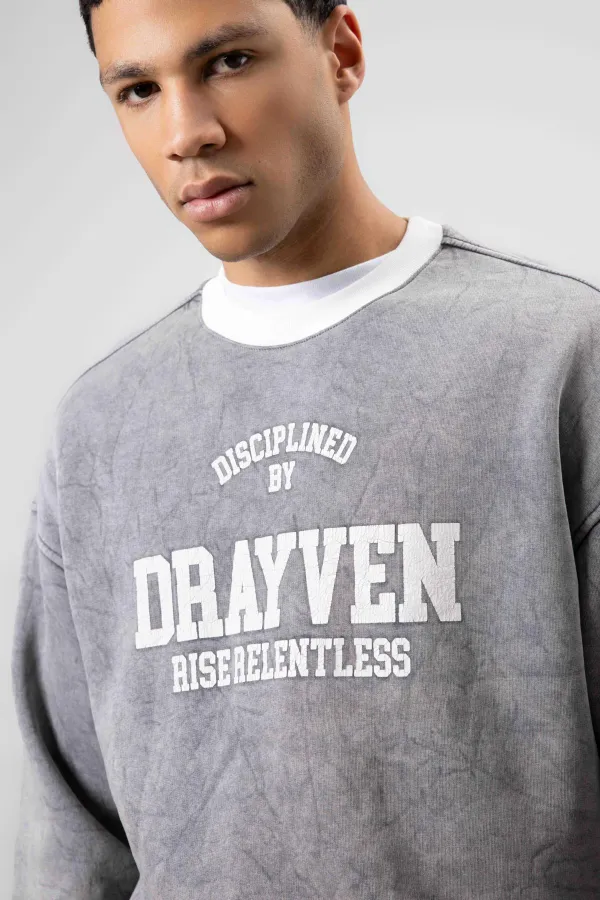 Oversize Bisiklet Yaka Baskılı Sweatshirt Gri