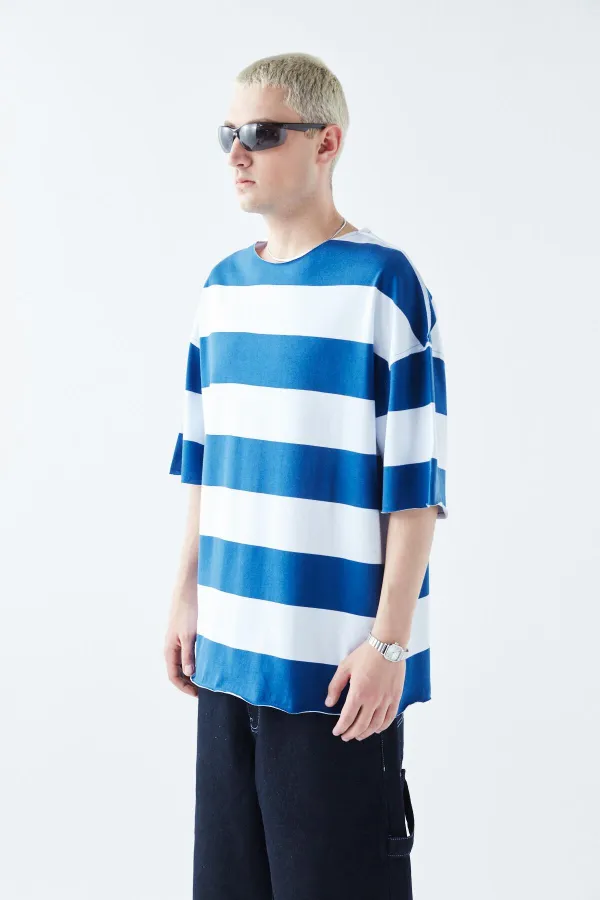 Dijital Baskılı Şeritli %100 Pamuk Oversize Tişört Saks