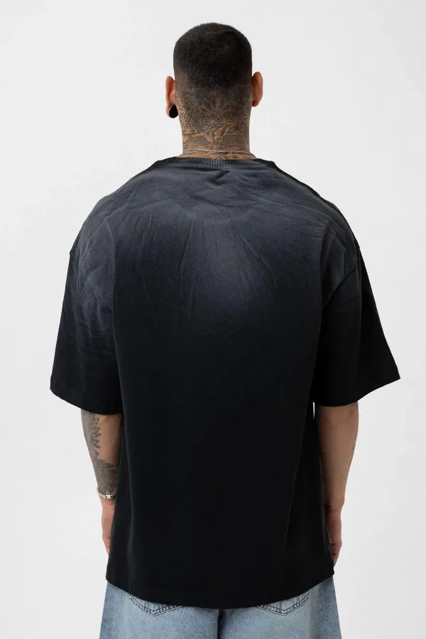 Yıkamalı Yazı Detaylı Oversize Tişört Siyah