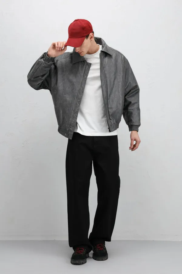 Oversize Deri Bomber Ceket Gri