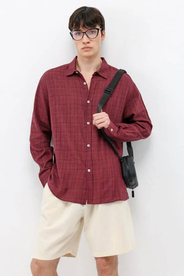 Dokulu Keten Görünümlü Oversize Gömlek Bordo