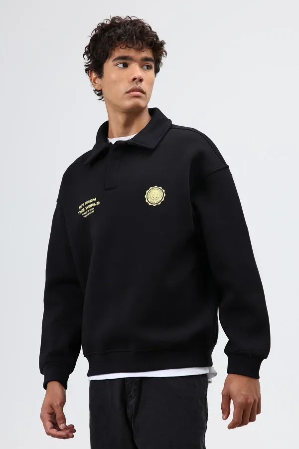 Sweat-shirt noir oversize à col polo imprimé délavé