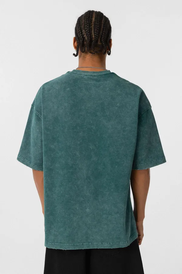 Yıkamalı Oversize Baskılı Tişört Petrol