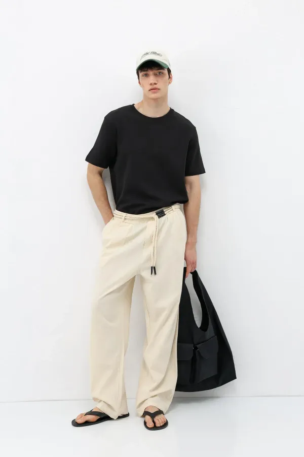 Kemer Detaylı Oversize Keten Pantolon Naturel