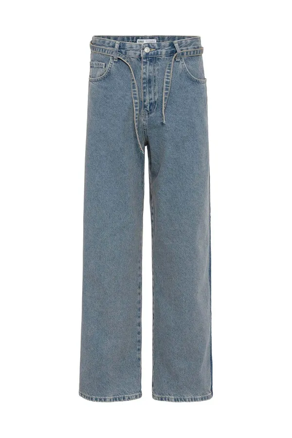 Kemer Detaylı Şeritli Baggy Jean Mavi Melanj