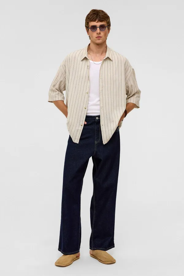Oversize Çizgili Kısa Kollu Keten Gömlek İndigo