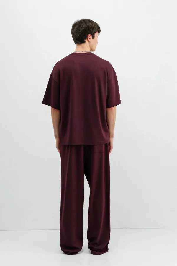 Fitilli Dokulu Oversize Tişört Mürdüm