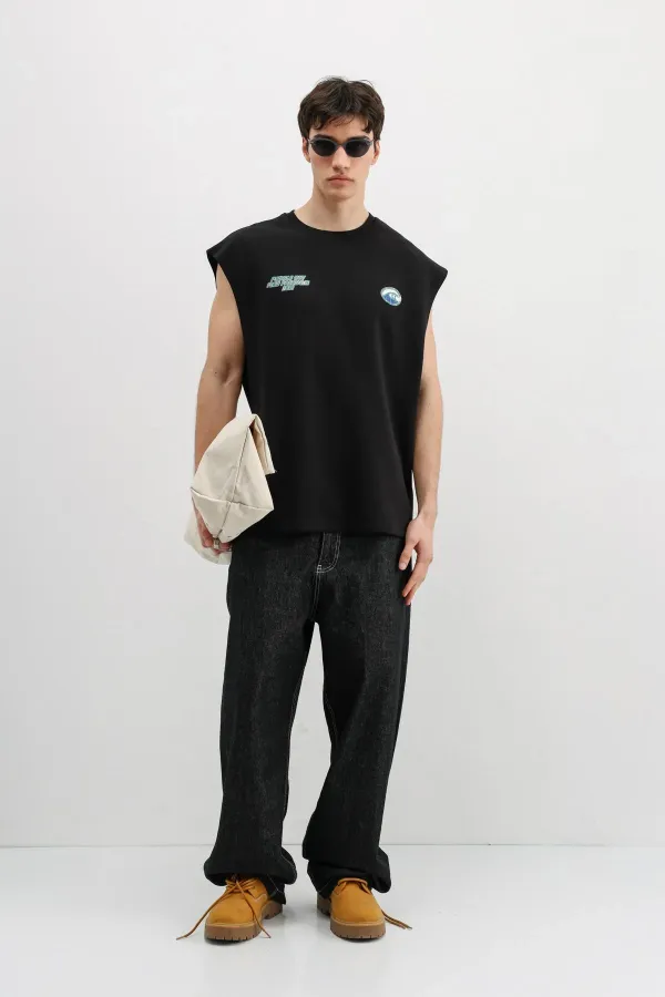 Oversize Baskılı Kolsuz Tişört Siyah