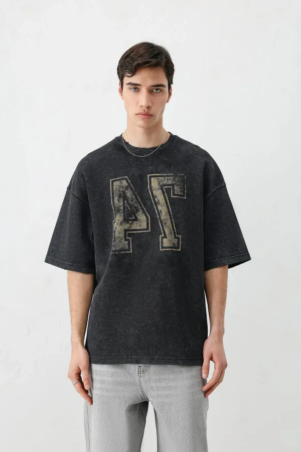 Yıkamalı Baskılı Oversize Tişört Siyah