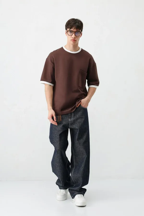 Kısa Kollu Oversize Cepli Tişört Kahve