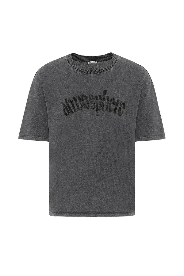 Yıkamalı Oversize Baskılı Tişört Siyah