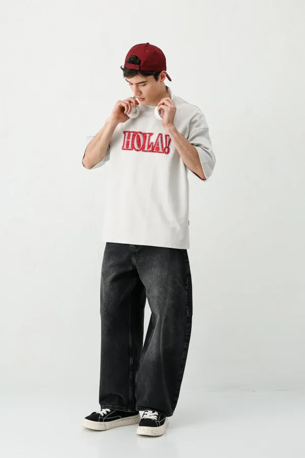 Yıkamalı Baskılı Oversize Tişört Açık Gri